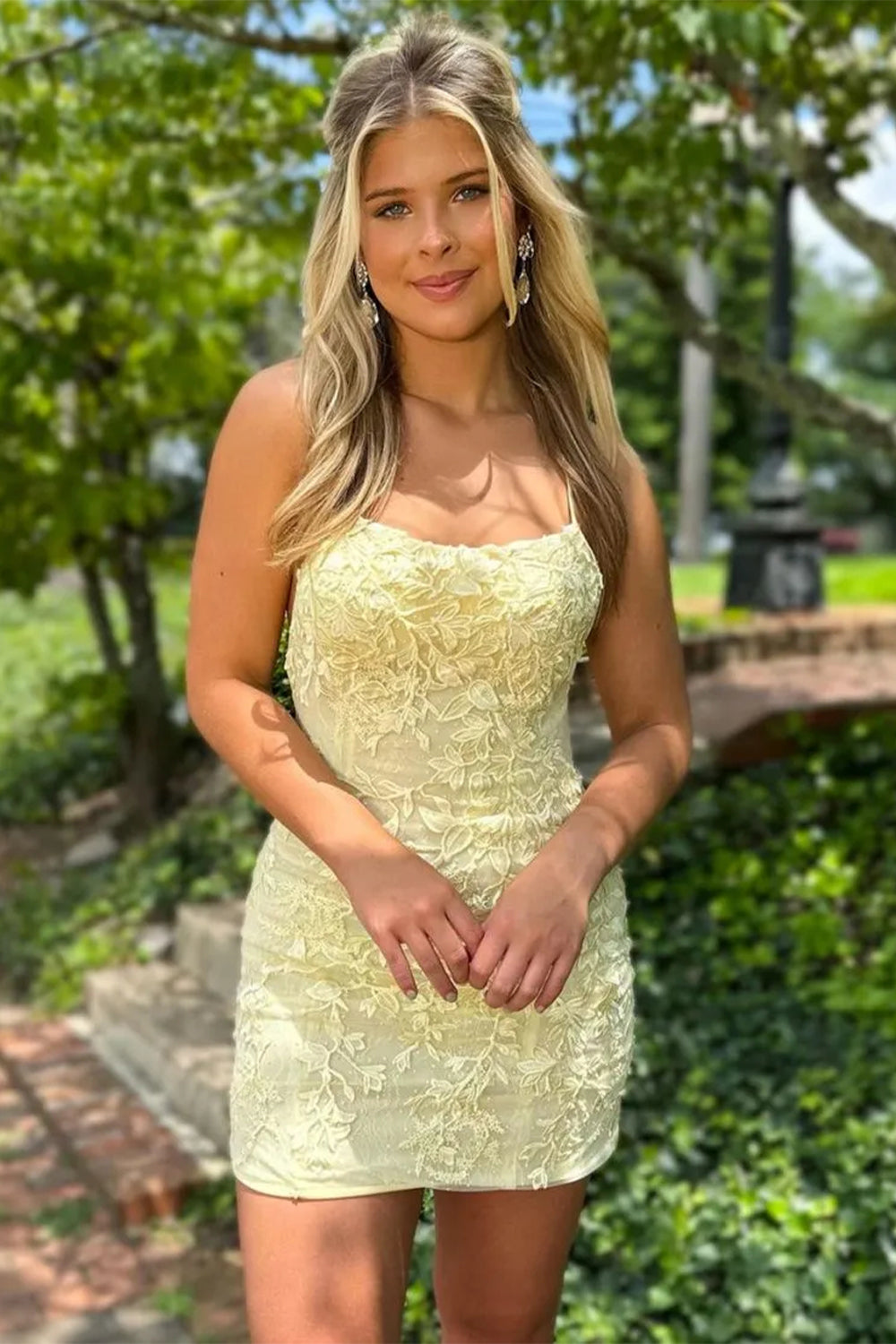 Short Yellow Bodycon Spaghetti Straps Homecoming Dress with Lace Detail