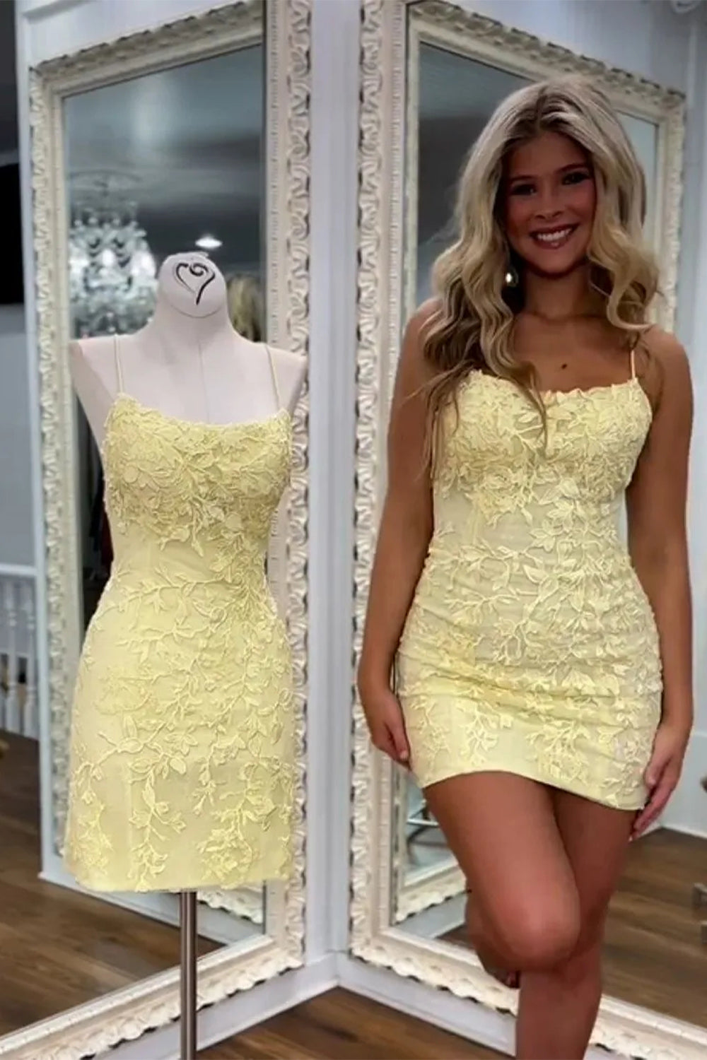Short Yellow Bodycon Spaghetti Straps Homecoming Dress with Lace Detail
