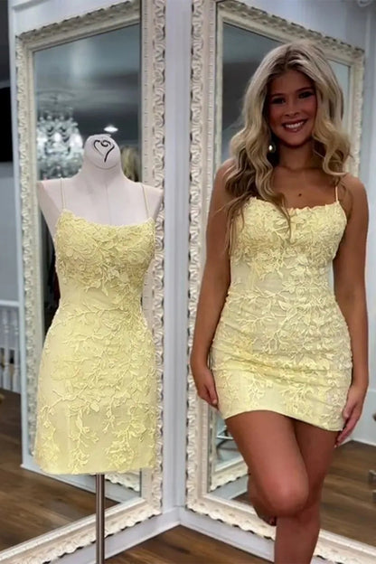 Short Yellow Bodycon Spaghetti Straps Homecoming Dress with Lace Detail