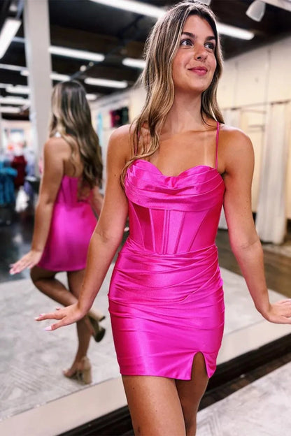 Fitted Satin Homecoming Dress with Spaghetti Straps and Corset-Style Back