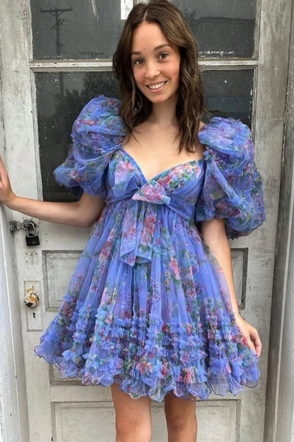 Charming A-Line Silhouette with Puff Sleeves and Floral Tulle Layers Homecoming Dress