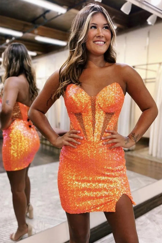 Sparkly Strapless Bodycon Mini with Sequin Shine and Side Slit Homecoming Dress
