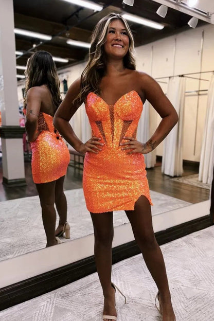 Sparkly Strapless Bodycon Mini with Sequin Shine and Side Slit Homecoming Dress