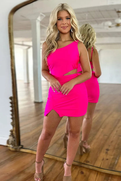 Hot Pink One-Shoulder Bodycon Homecoming Dress with Cut-Out Detail