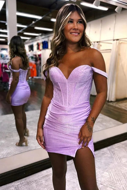 Glittering Lilac Bodycon with Off the Shoulder Neckline and Beaded Details Homecoming Dress