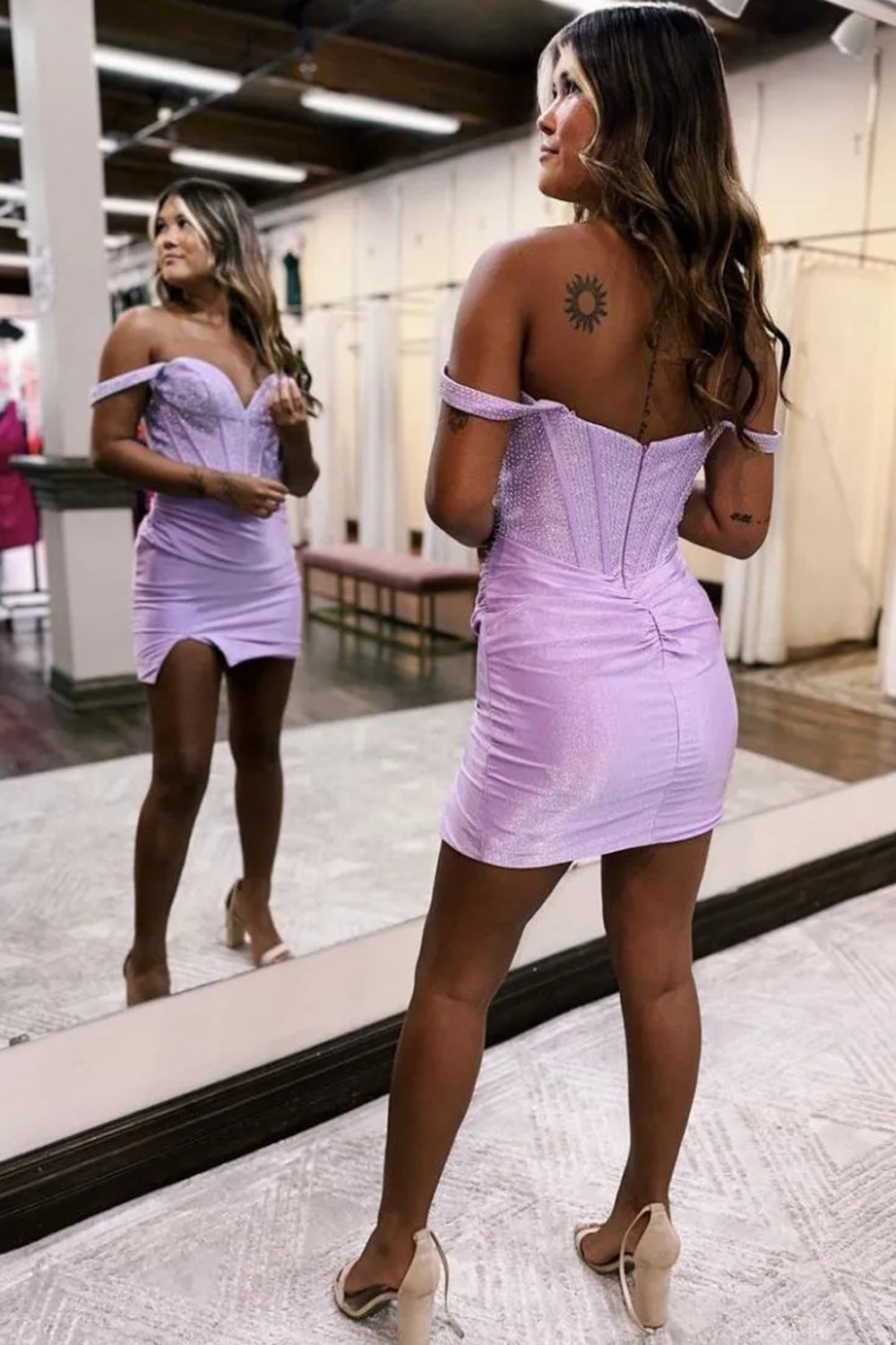 Glittering Lilac Bodycon with Off the Shoulder Neckline and Beaded Details Homecoming Dress
