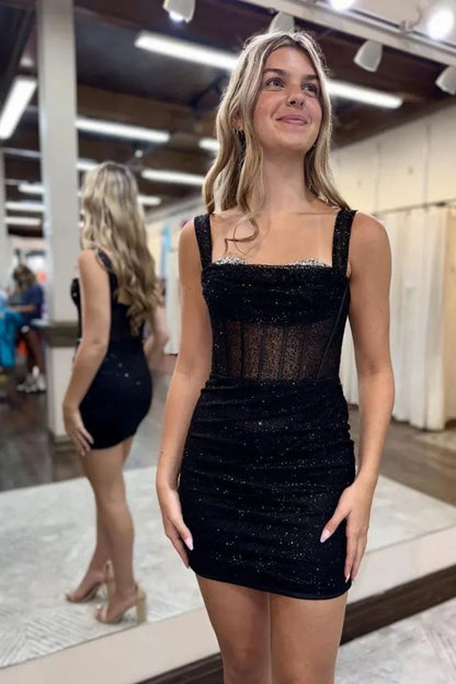 Sparkly Black Bodycon with Off the Shoulder and Lace-Up Back Homecoming Dress
