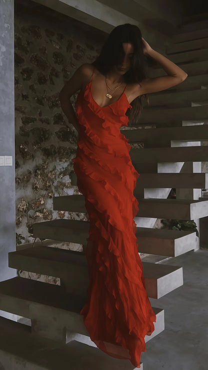 PM395,Spaghetti Straps Red Long Prom Dresses,Ruffles Sheath Evening Formal Gown