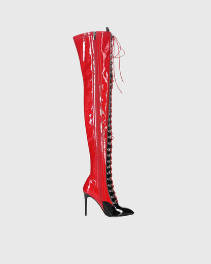 Paris Splicing Lace Up Over The Knee Boots In Red