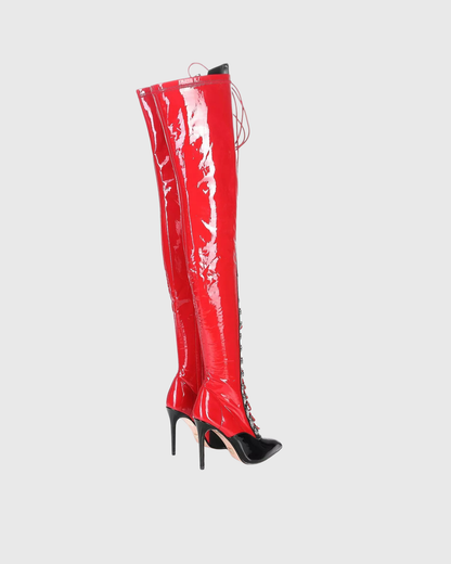 Paris Splicing Lace Up Over The Knee Boots In Red