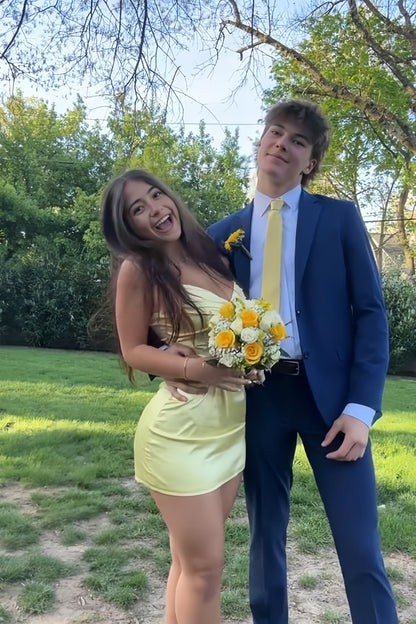 Pastel Yellow Homecoming Dress Spaghetti Straps Ruched Tight Short Dress