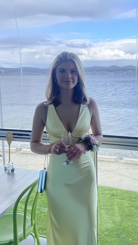 Pastel Yellow V-Neck Evening Party Dress, Mermaid Formal Prom Dresses, AST1533