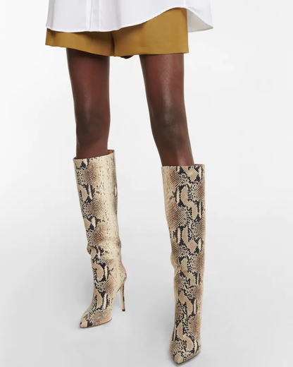 Pietra Snake Print Leather Knee High Boots In Beige