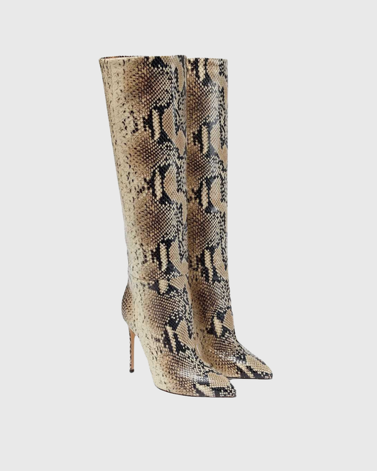 Pietra Snake Print Leather Knee High Boots In Beige