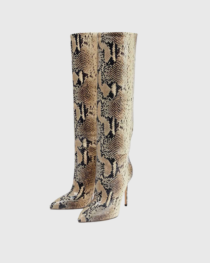 Pietra Snake Print Leather Knee High Boots In Beige