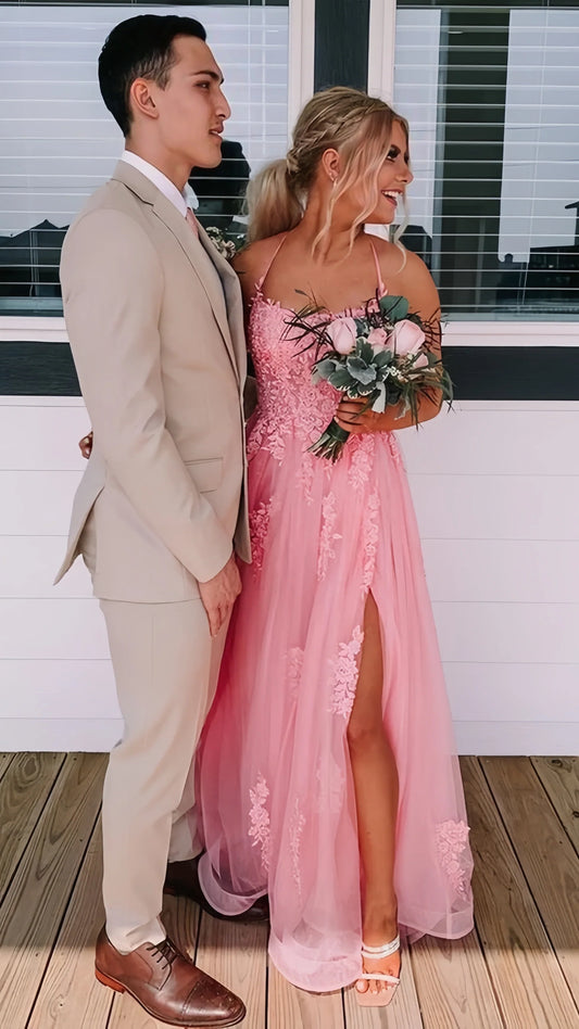 Pink A-Line Lace Up Prom Dresses With Split, AST1584