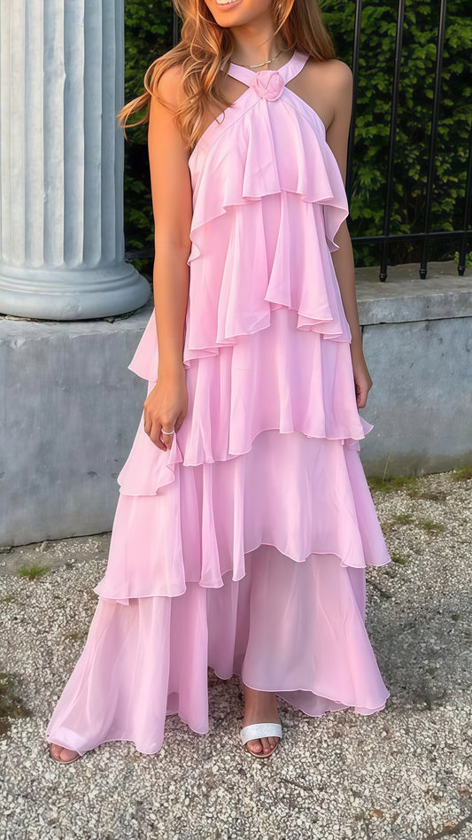 Pink Chiffon Ruffle Prom Dress, Halter Backless Party Dress