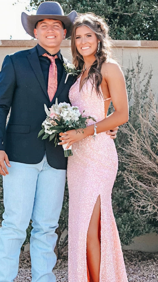 Pink Sequin Mermaid Long Evening Prom Dress, Backless Party Formal Gown, AST1546