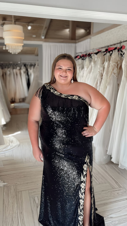 Plus Size Friendly Black Sequin Lace Long Prom Dress Split Formal Gown, AST1512