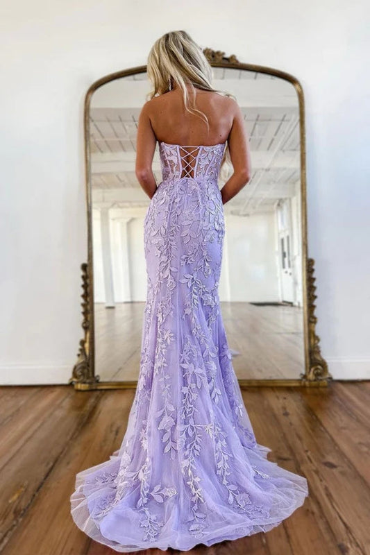 Purple Lace Appliques Long Prom Dress,Sweetheart Evening Dress,WQ109