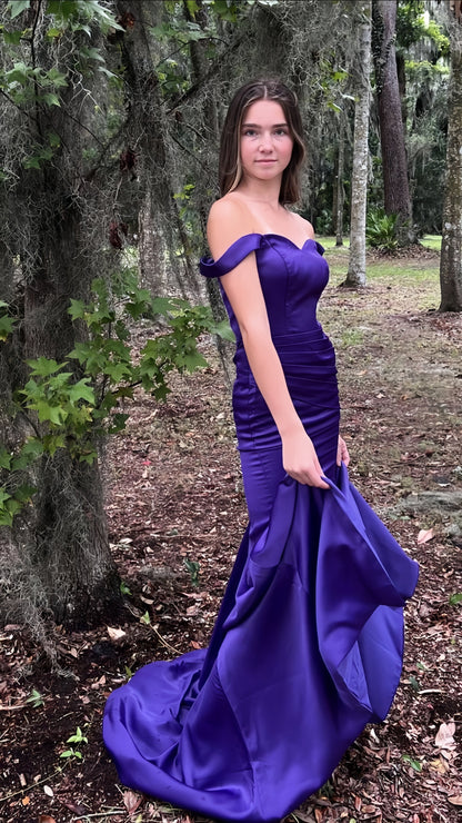 Purple Mermaid Satin Prom Dresses Off The Shoulder Formal Gown, AST1462