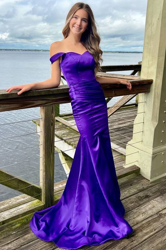 Purple Mermaid Satin Prom Dresses Off The Shoulder Formal Gown, AST1462