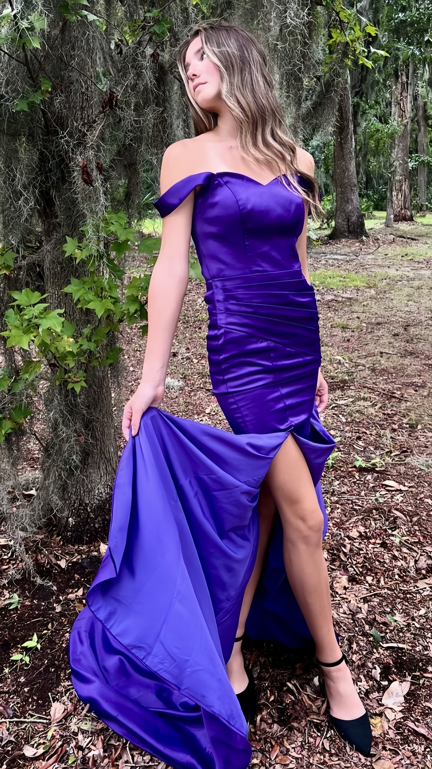 Purple Mermaid Satin Prom Dresses Off The Shoulder Formal Gown, AST1462