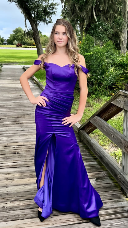Purple Mermaid Satin Prom Dresses Off The Shoulder Formal Gown, AST1462