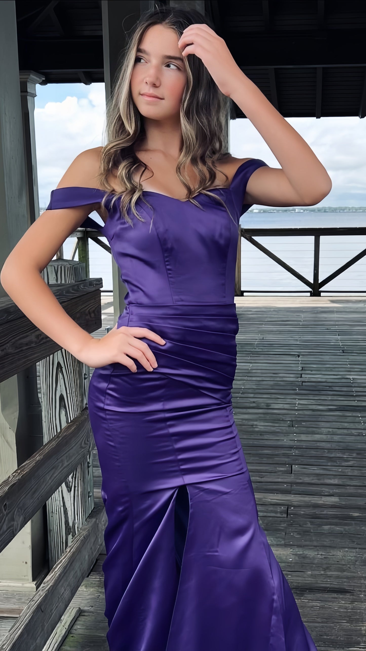 Purple Mermaid Satin Prom Dresses Off The Shoulder Formal Gown, AST1462