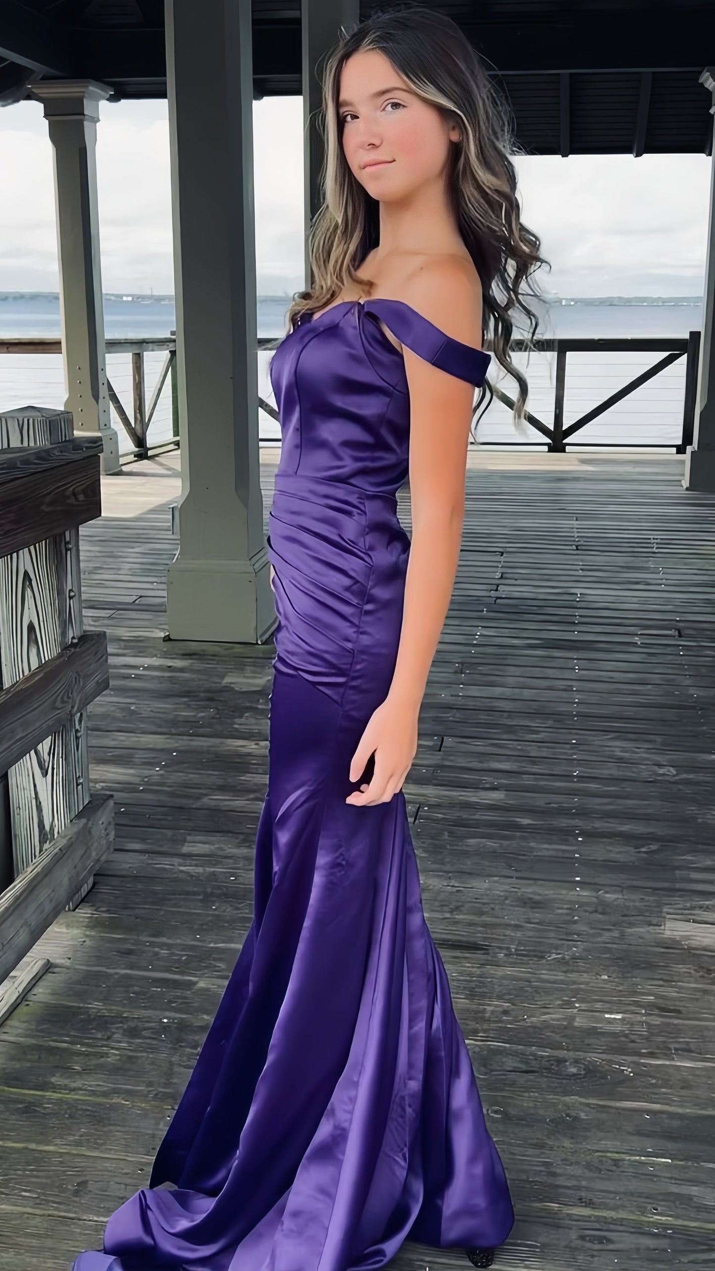 Purple Mermaid Satin Prom Dresses Off The Shoulder Formal Gown, AST1462