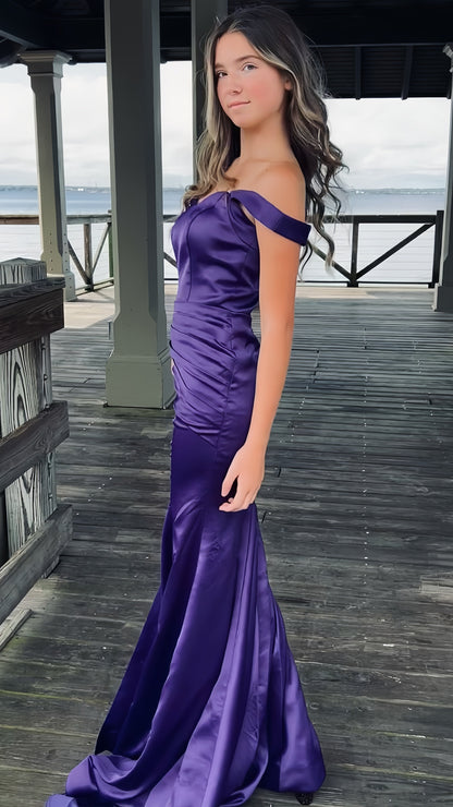 Purple Mermaid Satin Prom Dresses Off The Shoulder Formal Gown, AST1462