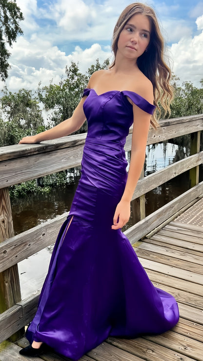 Purple Mermaid Satin Prom Dresses Off The Shoulder Formal Gown, AST1462