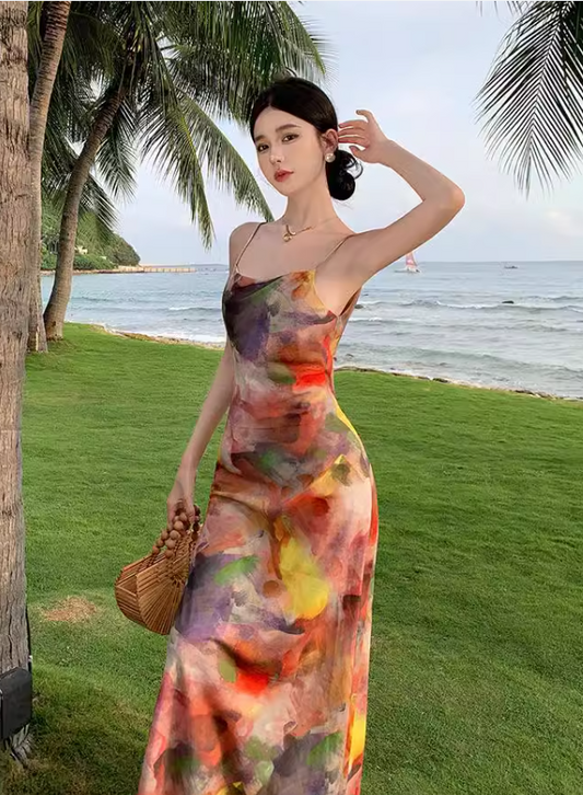 Simple New Painting Style Floral Design Elegant Beach Holiday Spaghetti Strap Dress TP3019