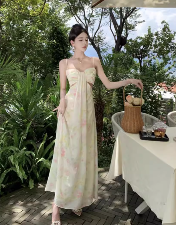 New Fashion Sexy Floral Design A-Line Beach Holiday Spaghetti Strap Dress TP3027