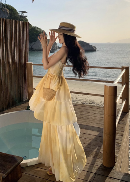 New Simple Yellow Floral Design A-Line Beach Holiday Spaghetti Strap Dress TP3031