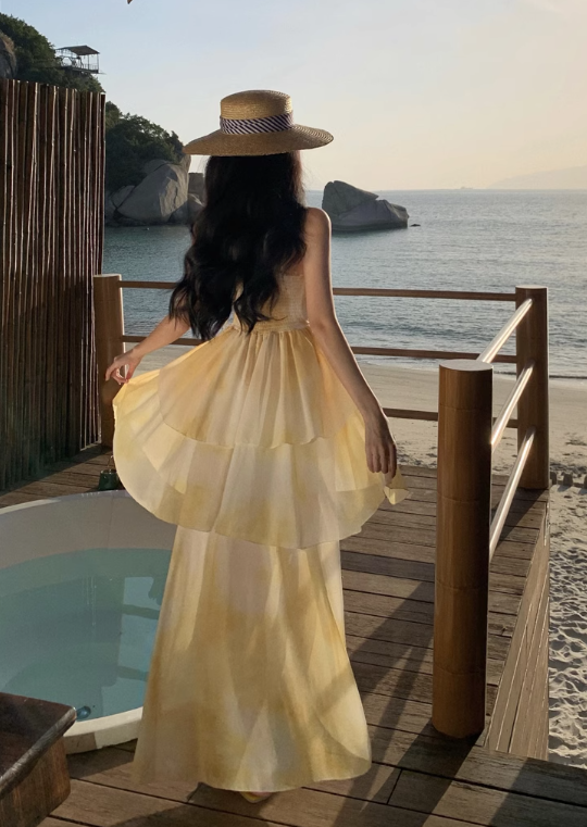 New Simple Yellow Floral Design A-Line Beach Holiday Spaghetti Strap Dress TP3031