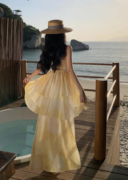 New Simple Yellow Floral Design A-Line Beach Holiday Spaghetti Strap Dress TP3031