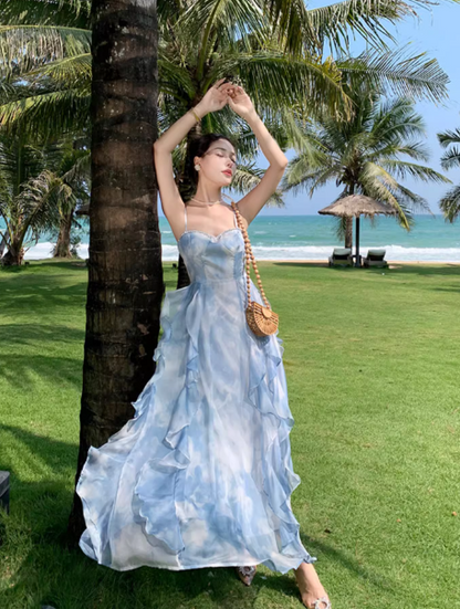 Simple Elegant Blue Floral Design Beach Holiday Spaghetti Strap Dress TP3065