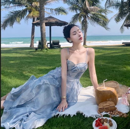 Simple Elegant Blue Floral Design Beach Holiday Spaghetti Strap Dress TP3065