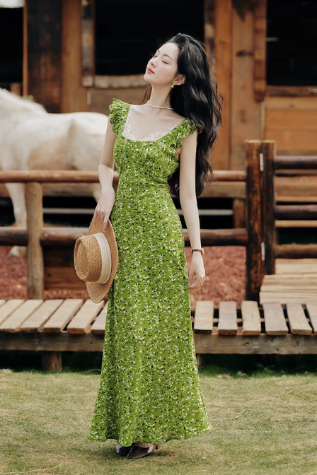 Vintage Simple Elegant Green Floral Design Beach Holiday Women Long  Dress TP3066