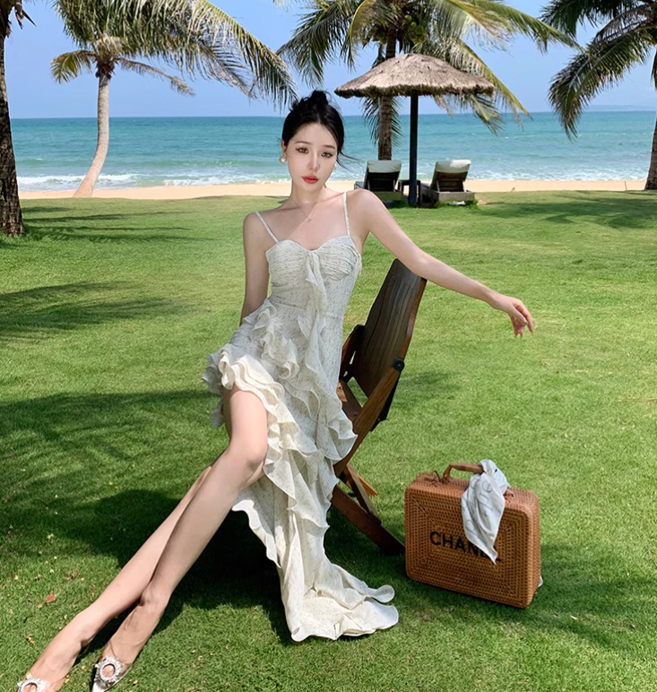 New Simple Elegant Floral Irregular Design Beach Holiday Spaghetti Strap Dress TP3069