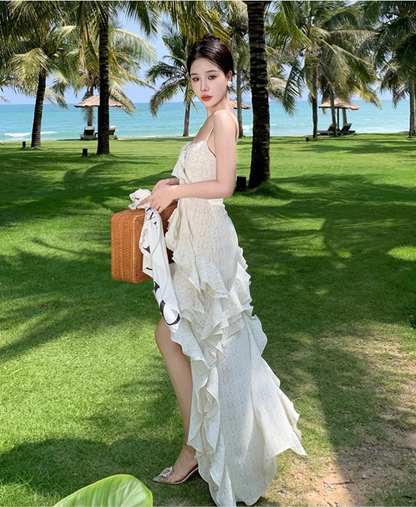 New Simple Elegant Floral Irregular Design Beach Holiday Spaghetti Strap Dress TP3069