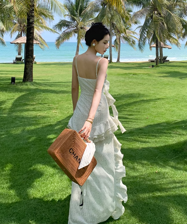 New Simple Elegant Floral Irregular Design Beach Holiday Spaghetti Strap Dress TP3069