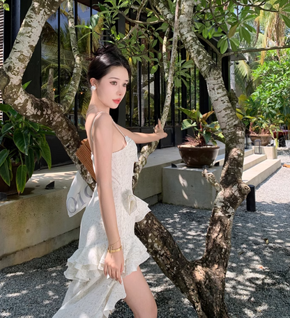 New Simple Elegant Floral Irregular Design Beach Holiday Spaghetti Strap Dress TP3069