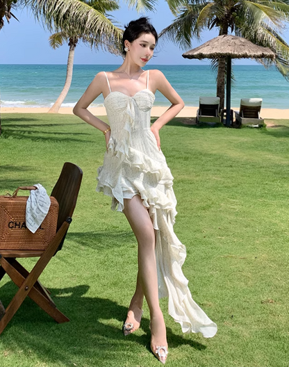 New Simple Elegant Floral Irregular Design Beach Holiday Spaghetti Strap Dress TP3069