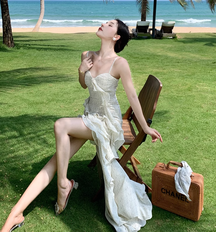 New Simple Elegant Floral Irregular Design Beach Holiday Spaghetti Strap Dress TP3069