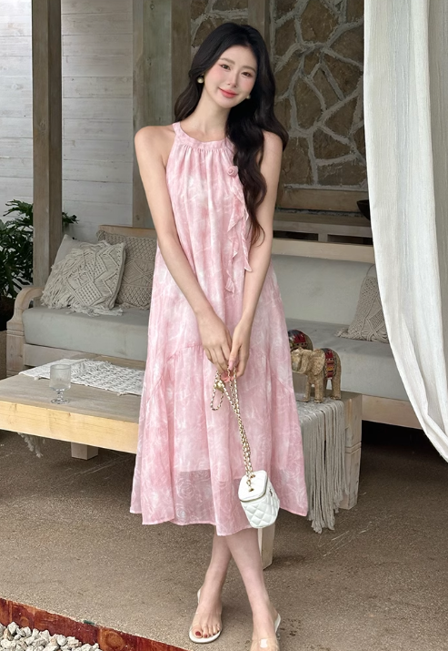 New Fashion Women Pink Floral Design Sense Beach Holiday Halter Dress TP3076