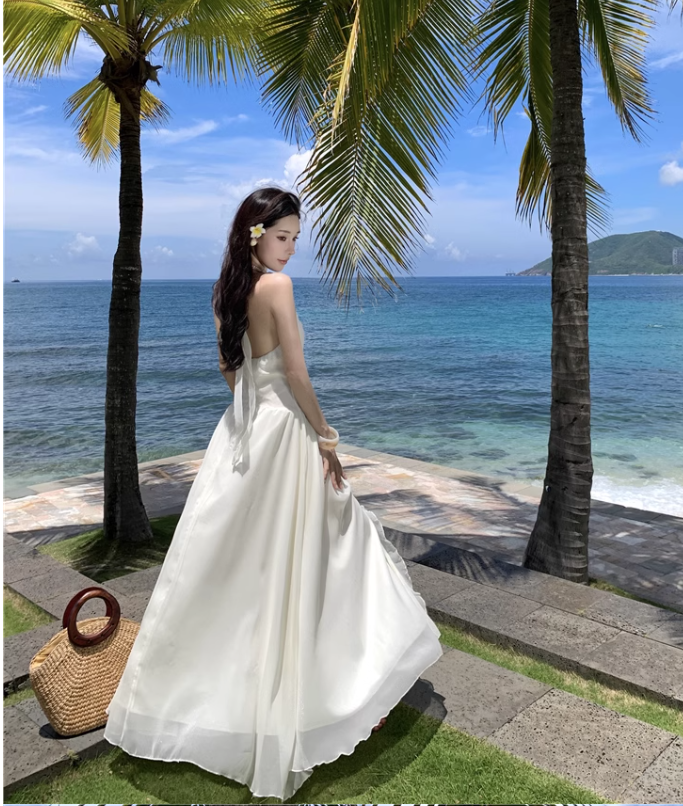 Elegant V-neck Design Beige Chiffon A-Line Beach Holiday Halter Dress TP3153