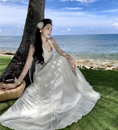 Elegant V-neck Design Beige Chiffon A-Line Beach Holiday Halter Dress TP3153