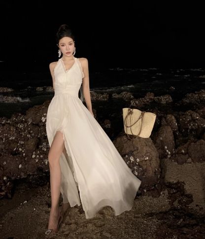Elegant V-neck Design Beige Chiffon A-Line Beach Holiday Halter Dress TP3153